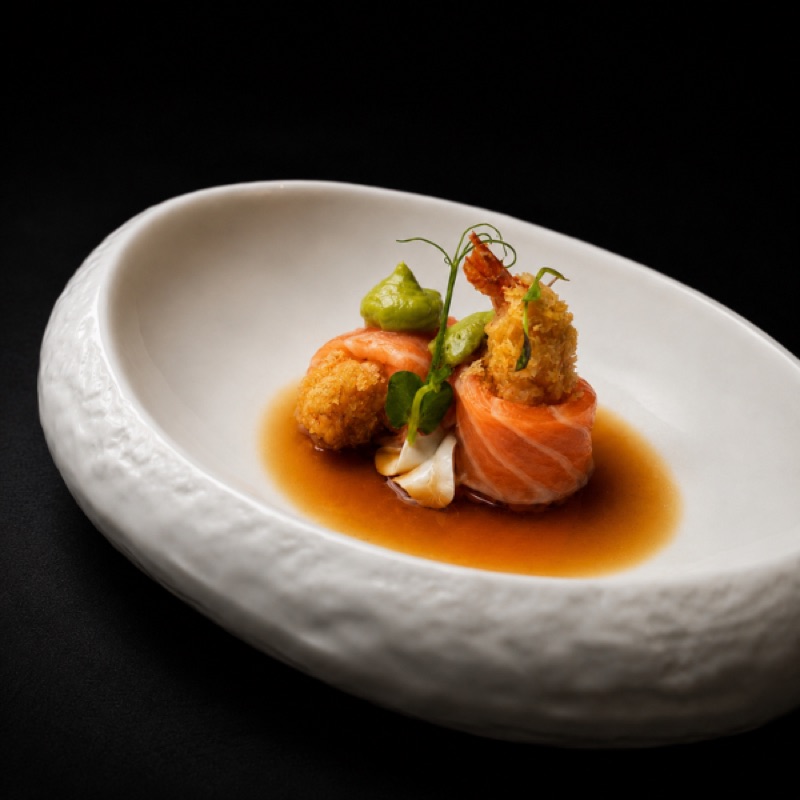 Saumon, crevette tempura et ponzu